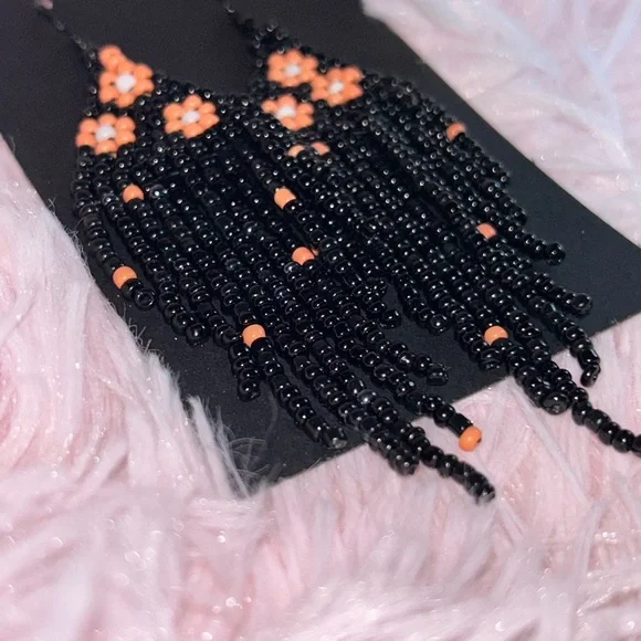 Chic Black and Orange Beaded Earrings - Picture 2 of 3